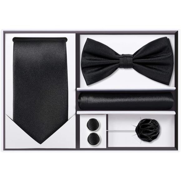 5pcs Tie Set in Gift BOX WHITE OR BLACK: Solid Color Necktie, Satin Bow Tie - Picture 6 of 7